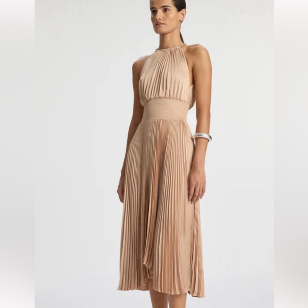 Elegant Pleated Midi Dress in Tan